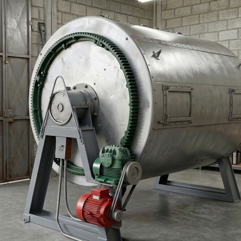 Vista detallada de una corona dentada segmentada (cremallera circular) de hierro fundido verde montada en el extremo de una gran guardiola de secado industrial rotativa, con el motor de accionamiento y poleas visibles en un entorno de taller.