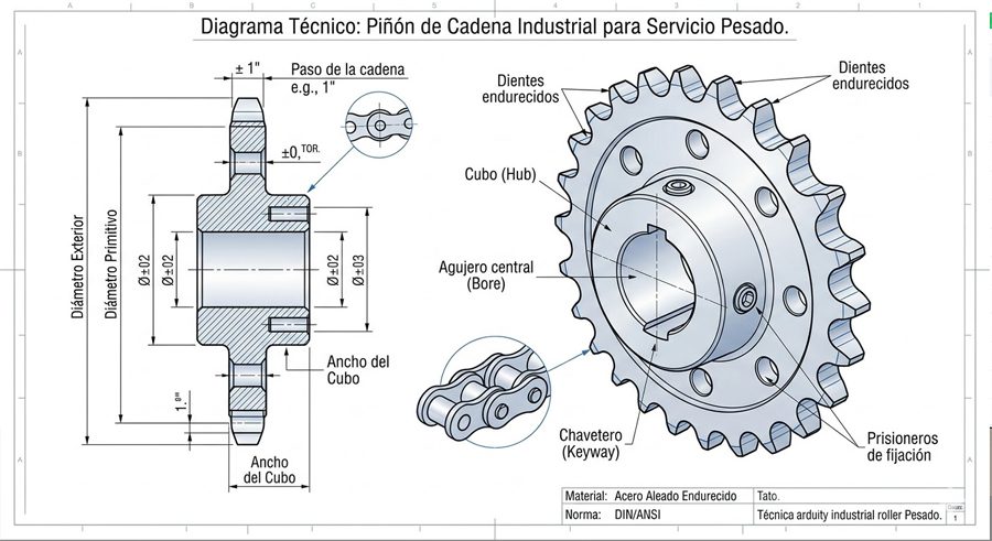 Piñones de cadena para curtiembres y componentes de transmisión.